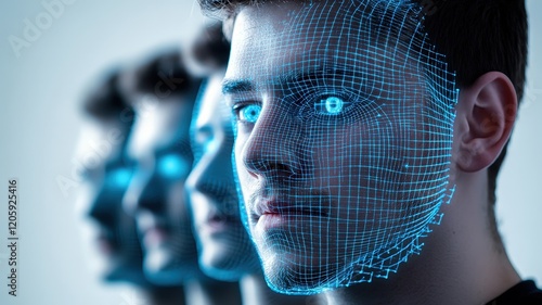 Digital representation of a face with a futuristic grid overlay.