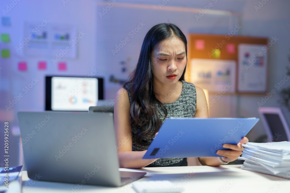 Stressed asian businesswoman working late at night in office reading documents with worried expression Stressed asian businesswoman working late at night in office reading documents with worried expression