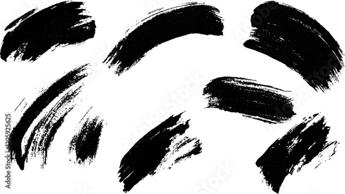A collection of various black abstract brush strokes on a white background, Black brushstrokes on a white background, perfect for adding an artistic touch to designs, websites, or social media posts.