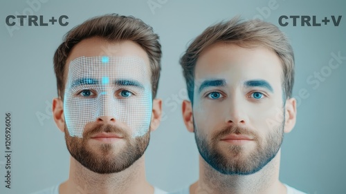 Side-by-side comparison of two men with same face, illustrating the concept of AI-based deep fake creation and detection.