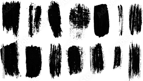 A collection of various black abstract brush strokes on a white background, Black brushstrokes on a white background, perfect for adding an artistic touch to designs, websites, or social media posts.