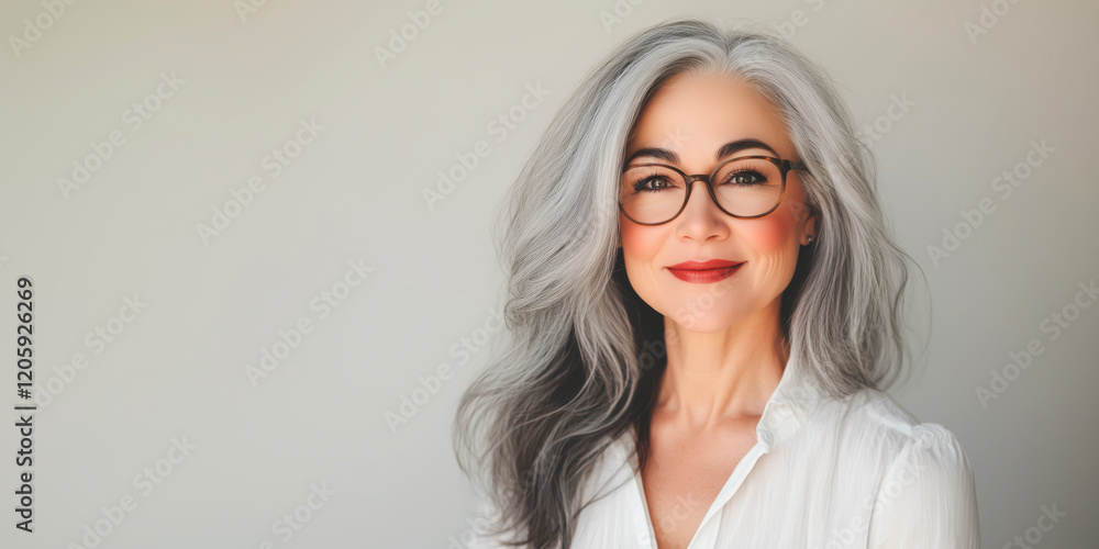 Fototapeta premium Portrait of a senior woman with long silver hair, glasses, and a confident smile, wearing a white blouse, exuding elegance and professionalism against a light neutral background with ample copyspace