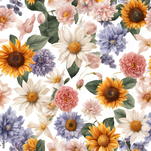 A seamless floral pattern featuring sunflowers, daisies, peonies, and other colorful blooms with green leaves, perfect for fabric, wallpapers, and nature-inspired designs.
