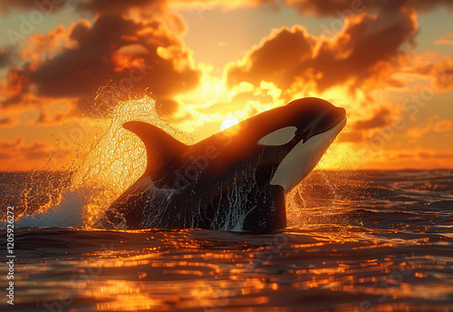 Killer whale breaches the surface at sunset in serene ocean waters photo