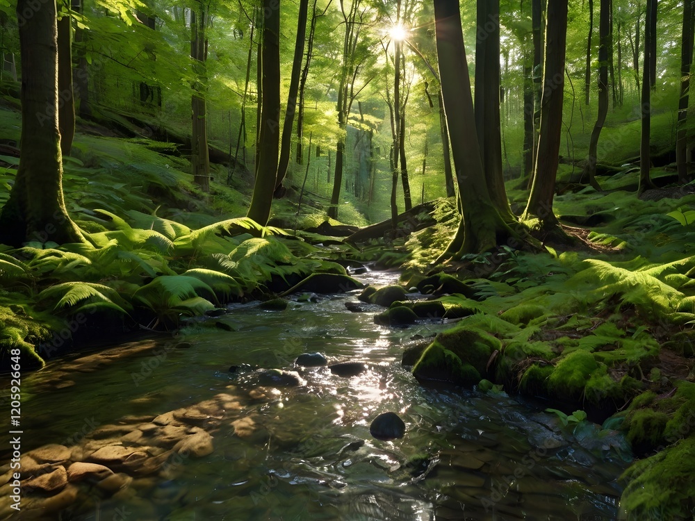 Fototapeta premium Sunlit Forest Stream Mossy Rocks Green Nature