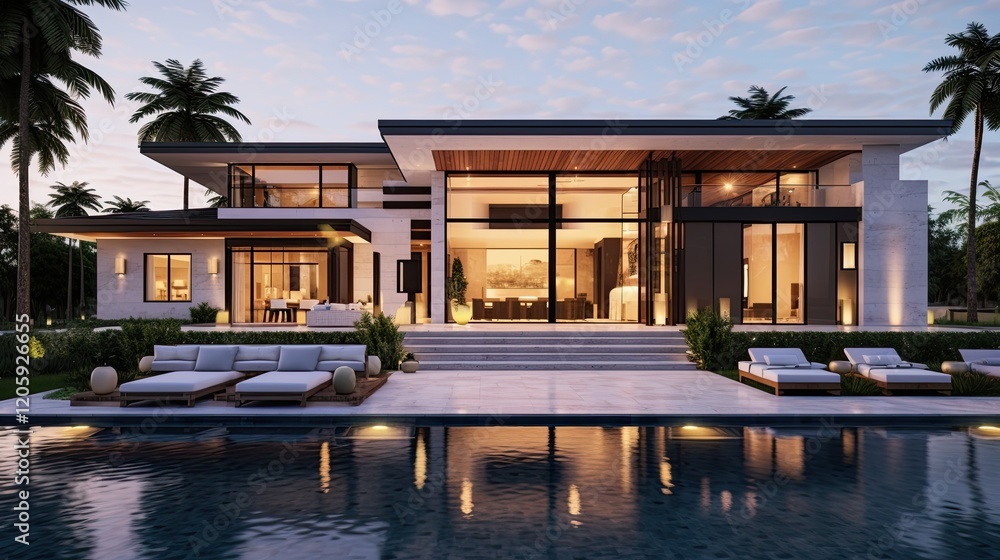 Obraz premium Modern Luxury Home With Infinity Pool At Dusk