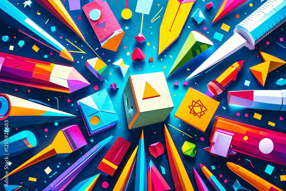 dynamic back to school background with a burst of colorful geometric shapes and symbols representing different academic subjects. dynamic back to school background with a burst of colorful geometric shapes and symbols representing different academic subjects.