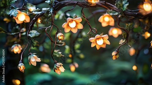 Illuminated floral chandelier with glowing lights and leaves photo