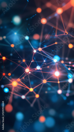 Complex network connections creating a web of glowing dots and lines representing digital communication, technology, and innovation