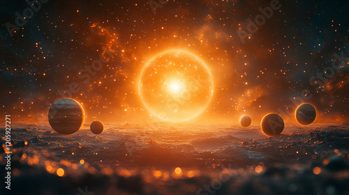 Solar system planets orbiting bright star in cosmic space, surrounded by nebula clouds and stardust. Concept of astronomy, universe exploration