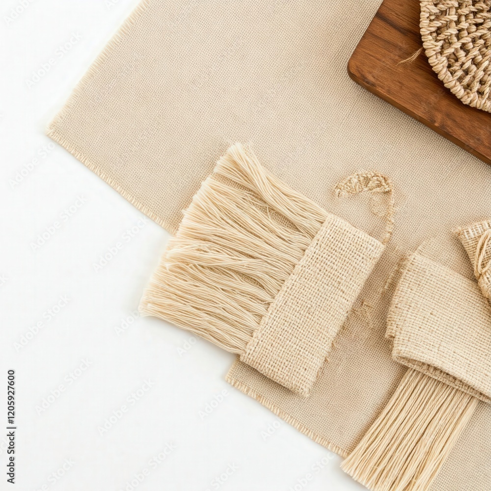 Fototapeta premium Natural Fiber Textiles on Wooden Surface with Cozy Aesthetic Elements