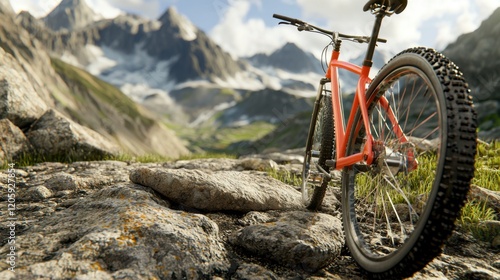 Vibrant Mountain Bike in Scenic Landscape with Mountains and Rocky Terrain Under Bright Sky