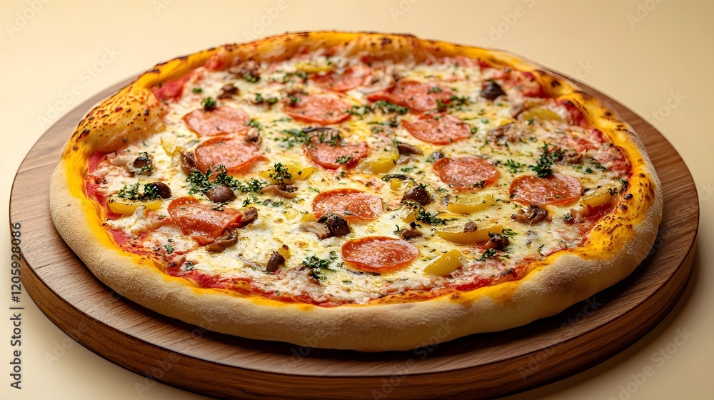 Close up View of Freshly Baked Pepperoni Pizza on Wooden Serving Tray Close up View of Freshly Baked Pepperoni Pizza on Wooden Serving Tray