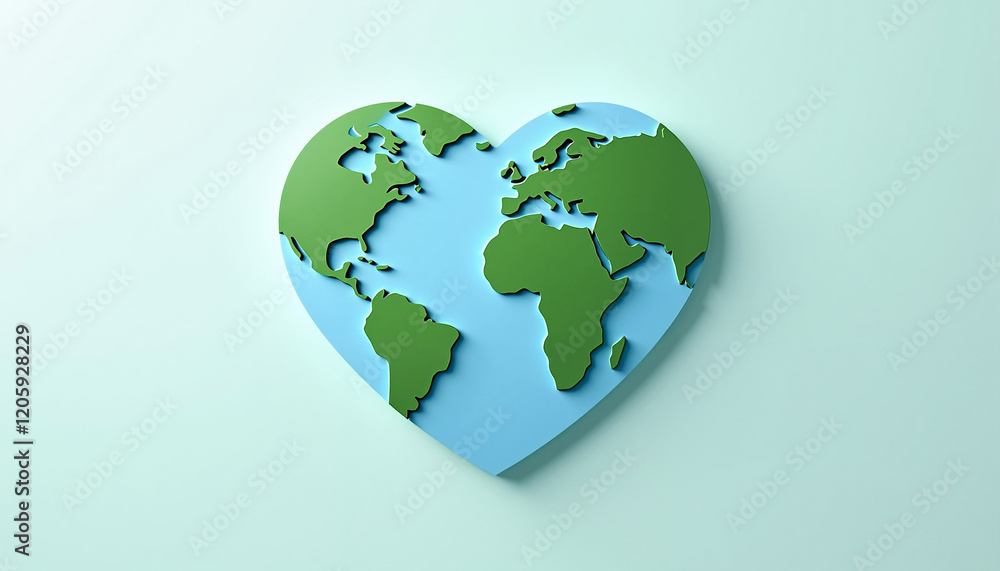 Heart-shaped world map in green and blue on light background Heart-shaped world map in green and blue on light background