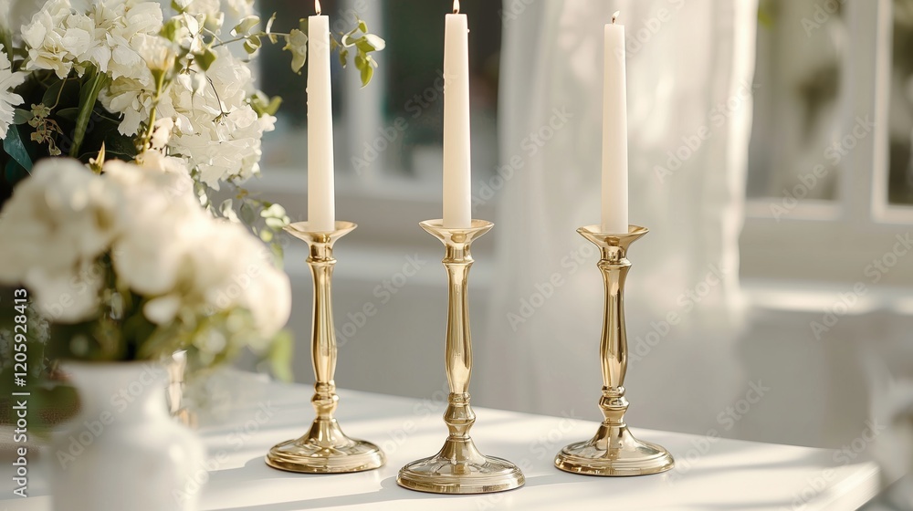 Elegant wedding table setting with candles and flowers on a white background Elegant wedding table setting with candles and flowers on a white background