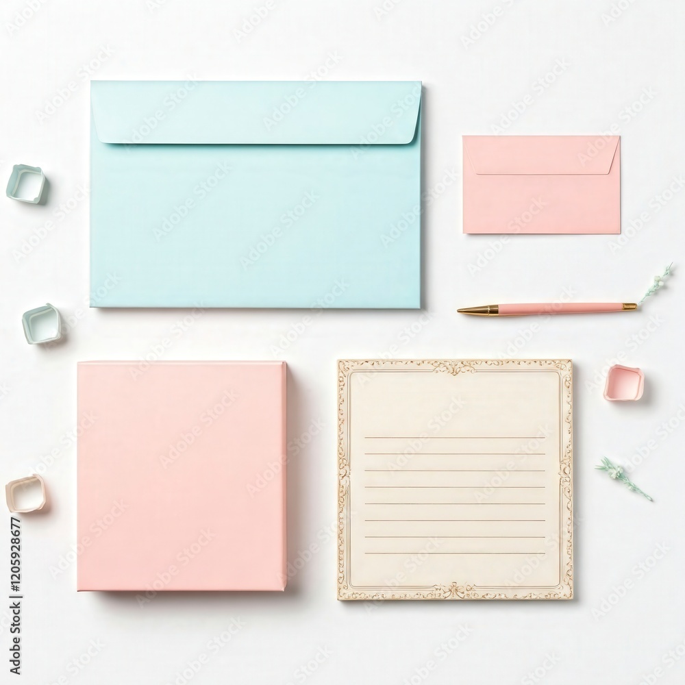 Elegant Stationery Setup with Envelopes and Notepad on White Background Elegant Stationery Setup with Envelopes and Notepad on White Background