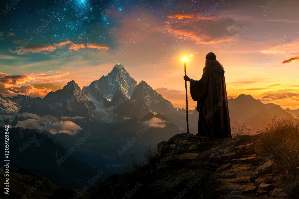 Obraz premium Majestic Figure in Cloak Holding Torch Against Dramatic Mountain Landscape at Sunset with Stars Above