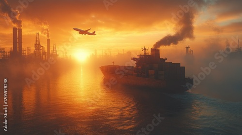 A cargo ship navigates a river at sunset, with an airplane flying overhead and industrial buildings in view.