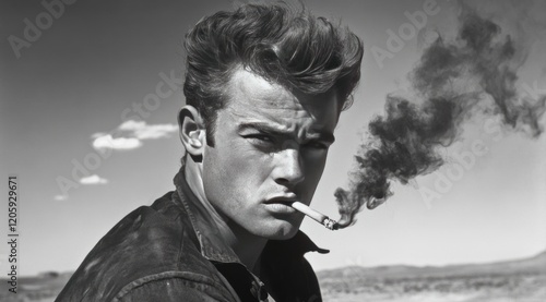 Black and white portrait of a young man smoking a cigarette.
