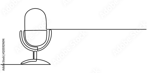 A line of podcast and music microphones. Vintage old microphone in simple linear style for banner music, news, webinar, online training. Doodle vector illustration, Continuous one single line drawing.
