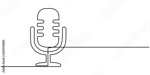 A line of podcast and music microphones. Vintage old microphone in simple linear style for banner music, news, webinar, online training. Doodle vector illustration, Continuous one single line drawing.