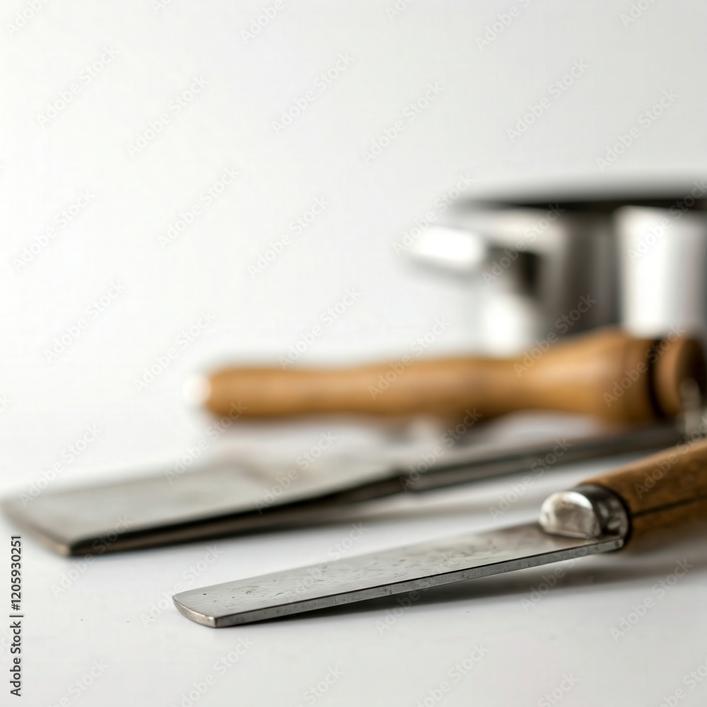 Kitchen tools with stainless steel and wooden handles on countertop Kitchen tools with stainless steel and wooden handles on countertop