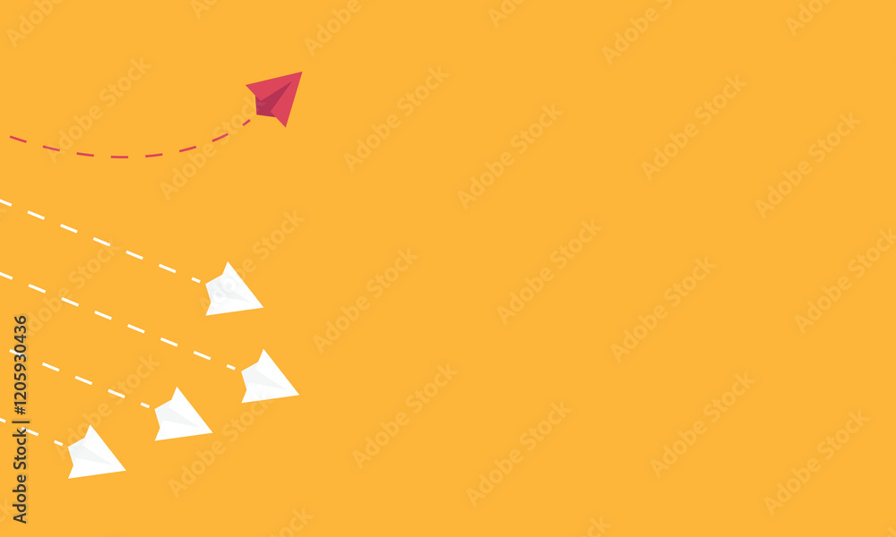 Minimalist stile red airplane changing direction and white ones. New idea, change, trend, courage, creative solution, innovation and unique way concept. Minimalist stile red airplane changing direction and white ones. New idea, change, trend, courage, creative solution, innovation and unique way concept.