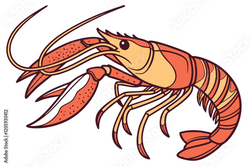 Photorealistic lobster, detailed anatomy, vibrant orange and red colors, shiny carapace, large claws, long antennae, side view