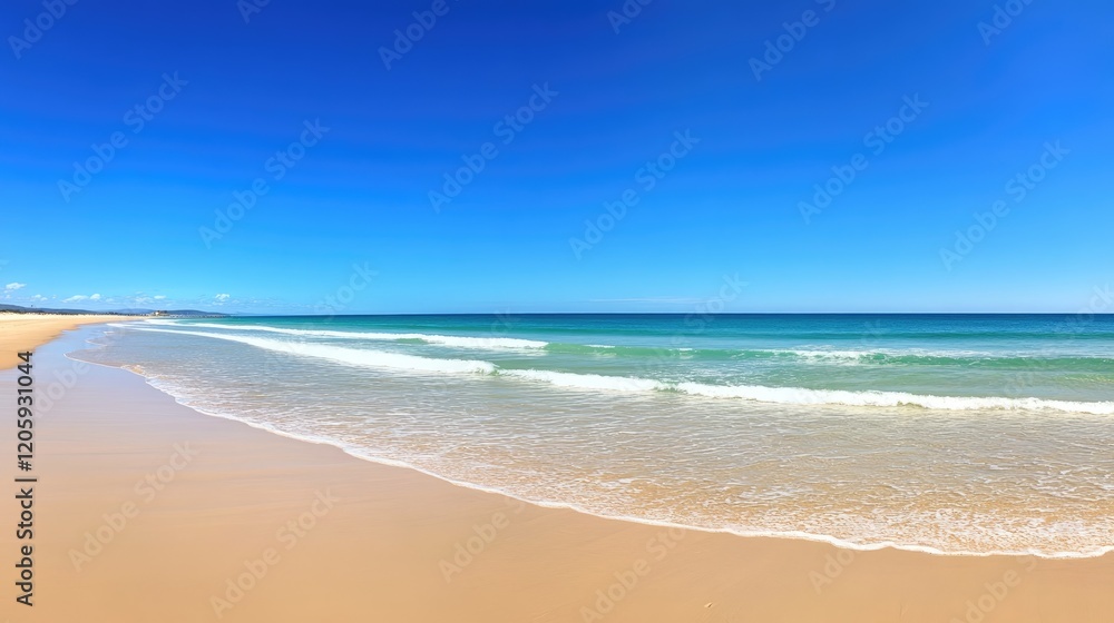 Fototapeta premium Sandy Beach Meets Turquoise Ocean Under Blue Sky