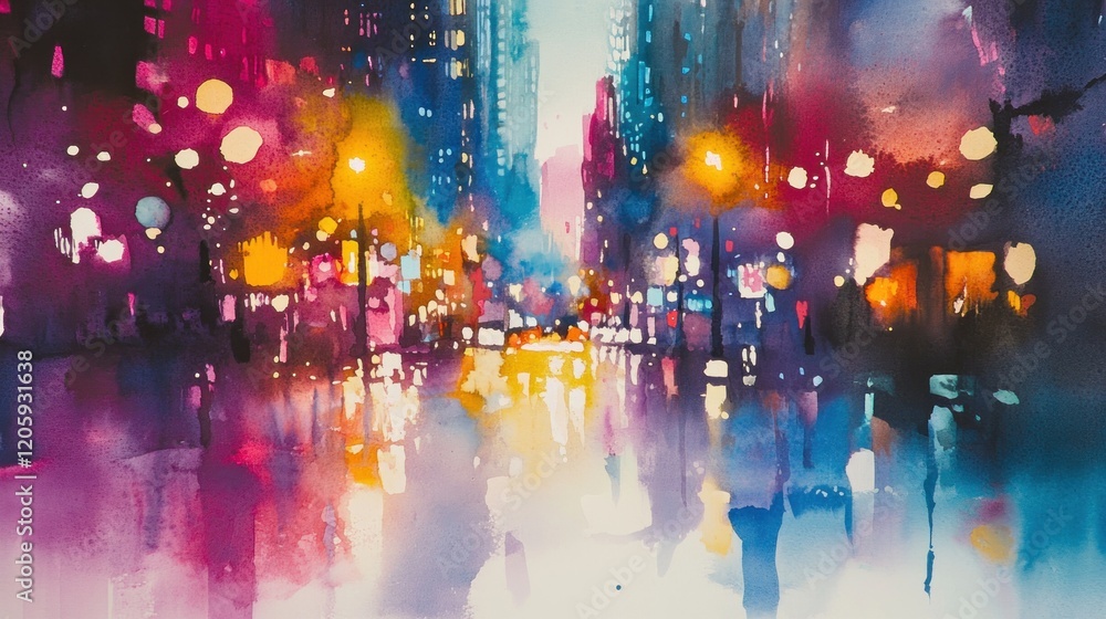 Obraz premium Vibrant Cityscape at Night with Colorful Lights and Reflection