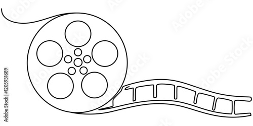 One continuous line drawing of film reel with long tape. Retro old movie and cinema roll, Continuous one line drawing cinema film strip. Vintage cinema element isolated on a white background. Vector. 