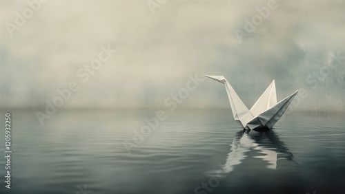 Elegant White Origami Crane Floating on Serene Water Surface photo