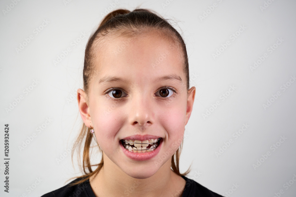 Little girl with teeth retainers looking at camera, close-up. Child with orthodontic plate or dental braces in her mouth. Children's dentistry Little girl with teeth retainers looking at camera, close-up. Child with orthodontic plate or dental braces in her mouth. Children's dentistry