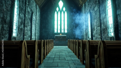 Serene Interior of a Vintage Church with High Gothic Windows and Rows of Empty Wooden Pew Seats photo