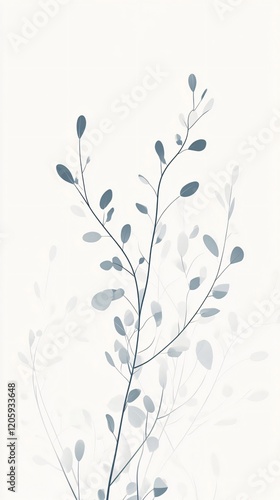 Elegant Blue Leaves and Branches on White: A Minimalist Botanical Artwork for Serene Spaces