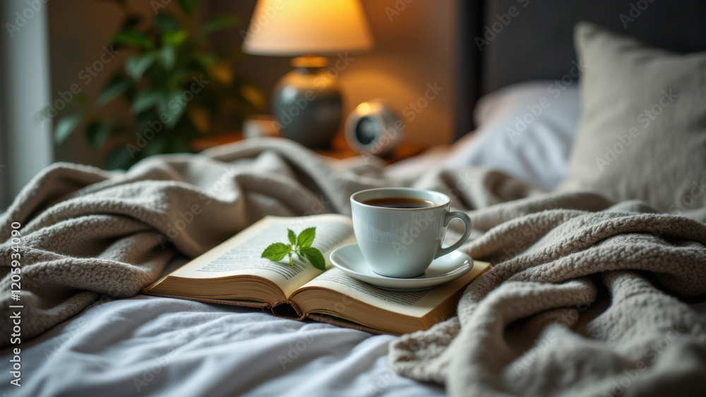 Relaxing morning scene with coffee and book on cozy blanket. Relaxing morning scene with coffee and book on cozy blanket.