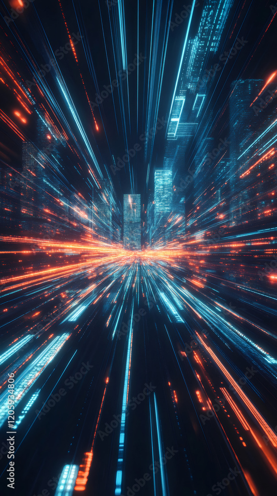 Fototapeta premium Light trails and binary code creating sense of speed in futuristic cityscape, perfect for technology and innovation concepts