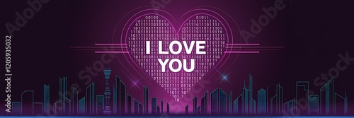A creative minimalist Valentines Day poster design with a futuristic theme. There is a large heart made of binary code with the text 