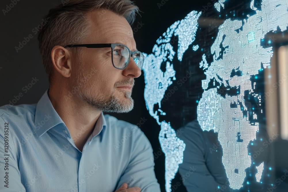 Thoughtful businessman observing digital world map display with glowing data patterns in modern office setting Thoughtful businessman observing digital world map display with glowing data patterns in modern office setting