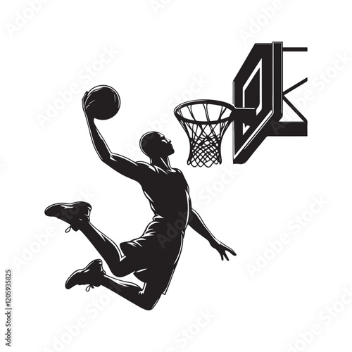 Basketball dunk  silhouette vector illustration clipart black color design and solid white background 