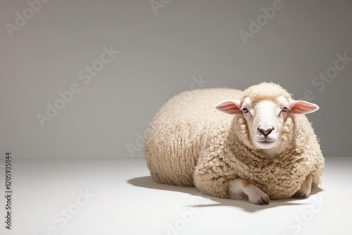 Fluffy White Sheep Portrait Relaxing on a Solid Background, Showcasing Wool Texture and Calm Expression photo