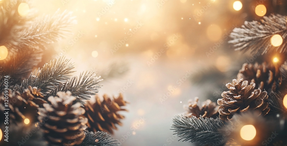 Winter Festive Scene with Pinecones and Bokeh Lights for Holiday Celebrations Winter Festive Scene with Pinecones and Bokeh Lights for Holiday Celebrations