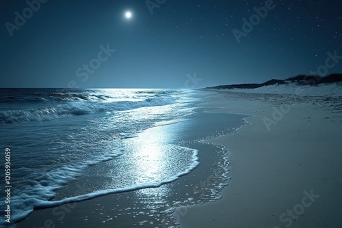 Fototapeta Naklejka Na Ścianę i Meble -  A moonlit beach with soft waves gently washing ashore, the distant horizon