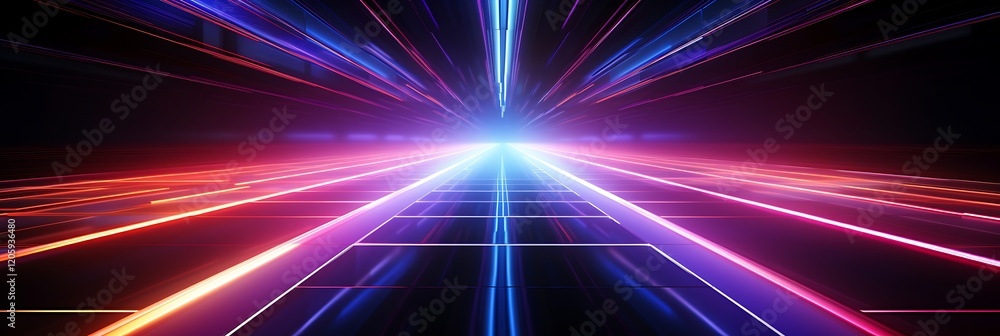 Obraz premium Digital Velocity: A vibrant abstract concept image featuring converging lines of red and blue light streaking towards a bright, luminous center, symbolizing speed, progress.
