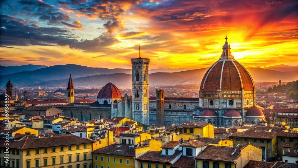 Fototapeta premium Florence Cathedral Dome, Tuscan Landscape, Italian Architecture, Sunrise Panorama