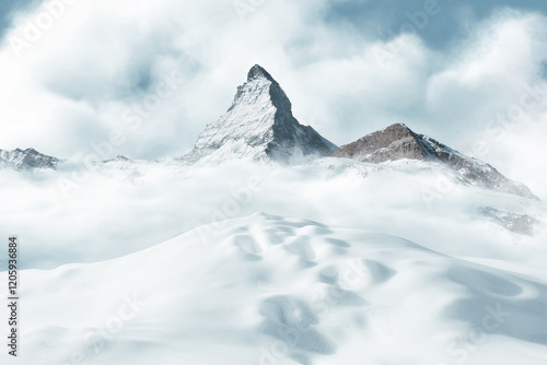 Digital Composition of snow-covered hill with snow tracks in front of the majestic matterhorn mountain