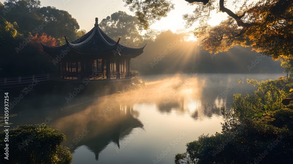 Obraz premium Serene Sunrise Over Pagoda Lake Reflections