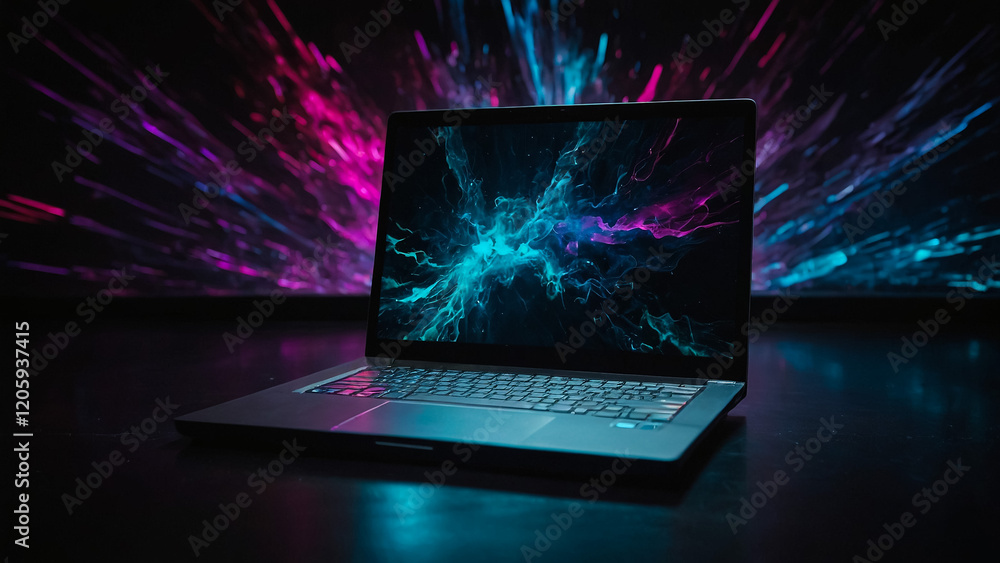 Front view open laptop illuminated with colorful lights Front view open laptop illuminated with colorful lights