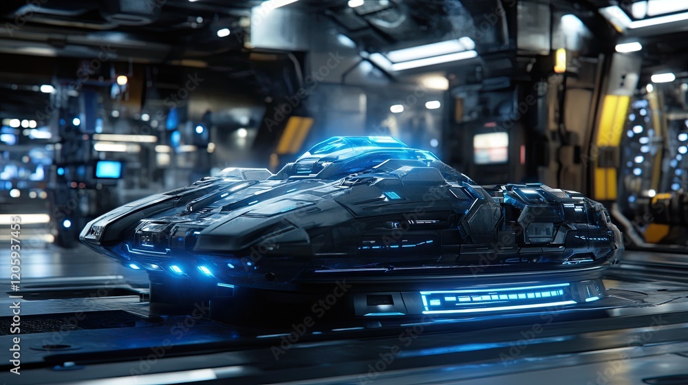 Futuristic Spaceship Undergoing Maintenance In A Garage Futuristic Spaceship Undergoing Maintenance In A Garage