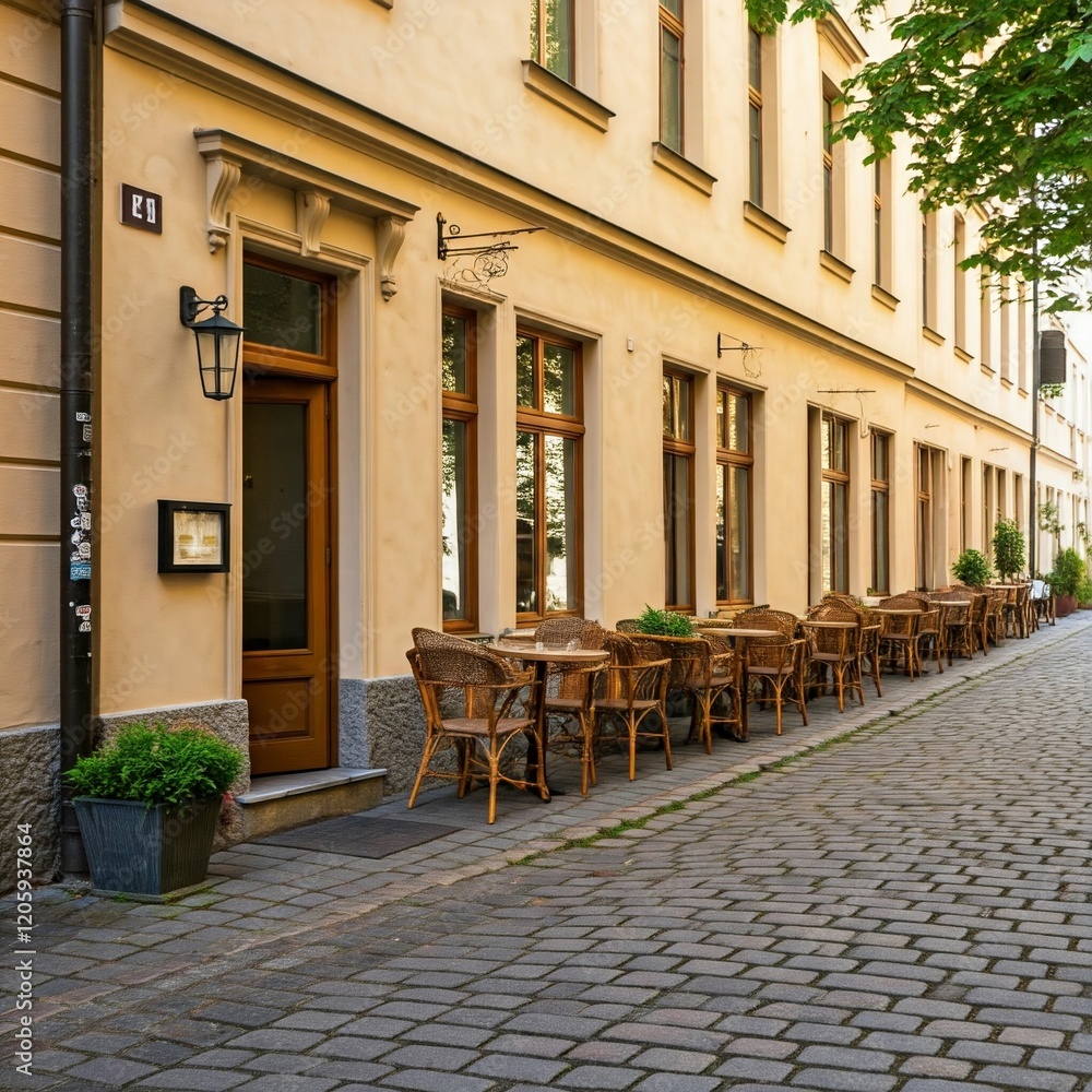 Obraz premium A café with a warm beige and wooden aesthetic on a quiet street. 